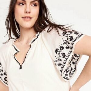 Old Navy Cream 100% Cotton dress with Black Floral Embroidery